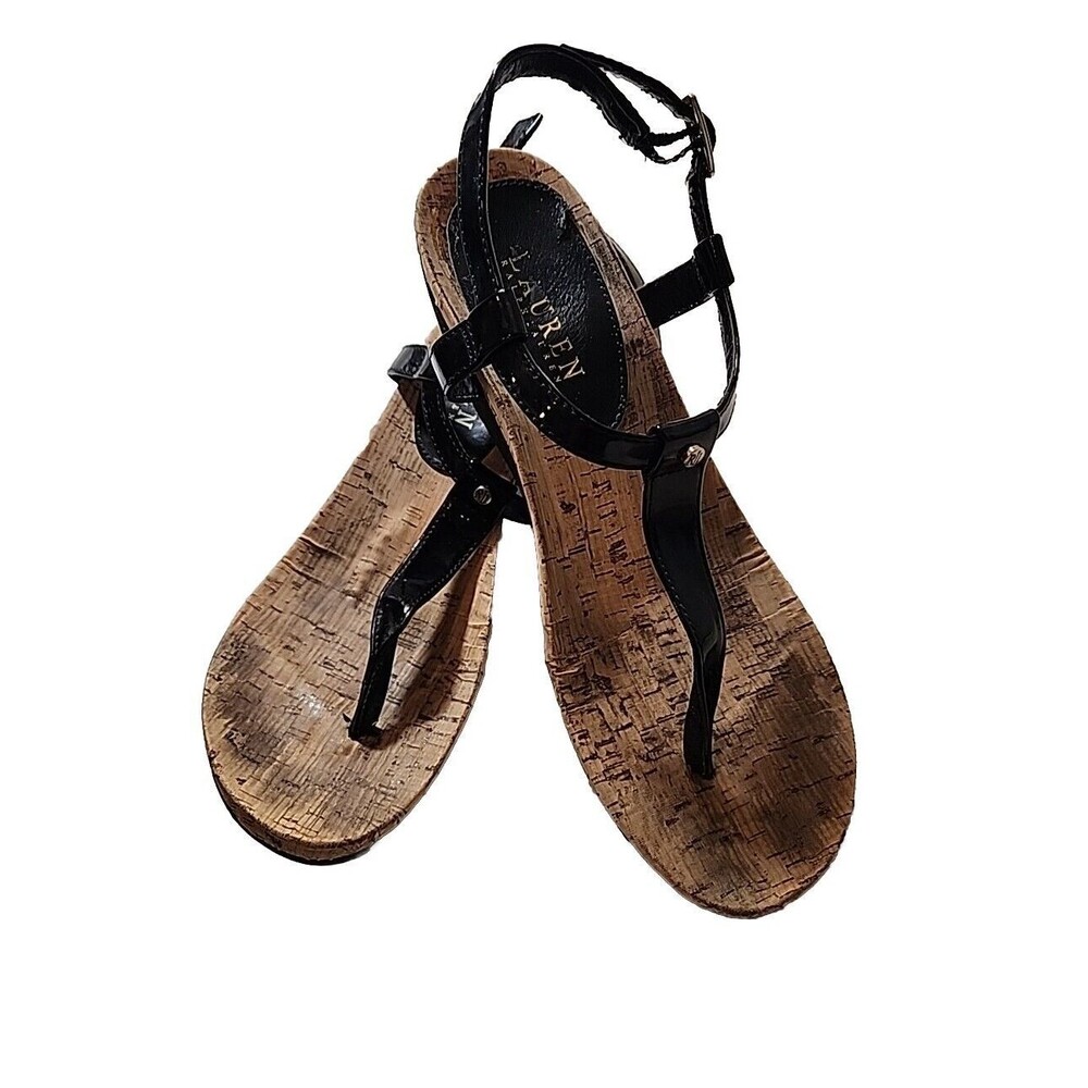 Lauren Ralph Lauren LRL Leather T strap Thong Wedge Rosalia Sandals Womens 8 B